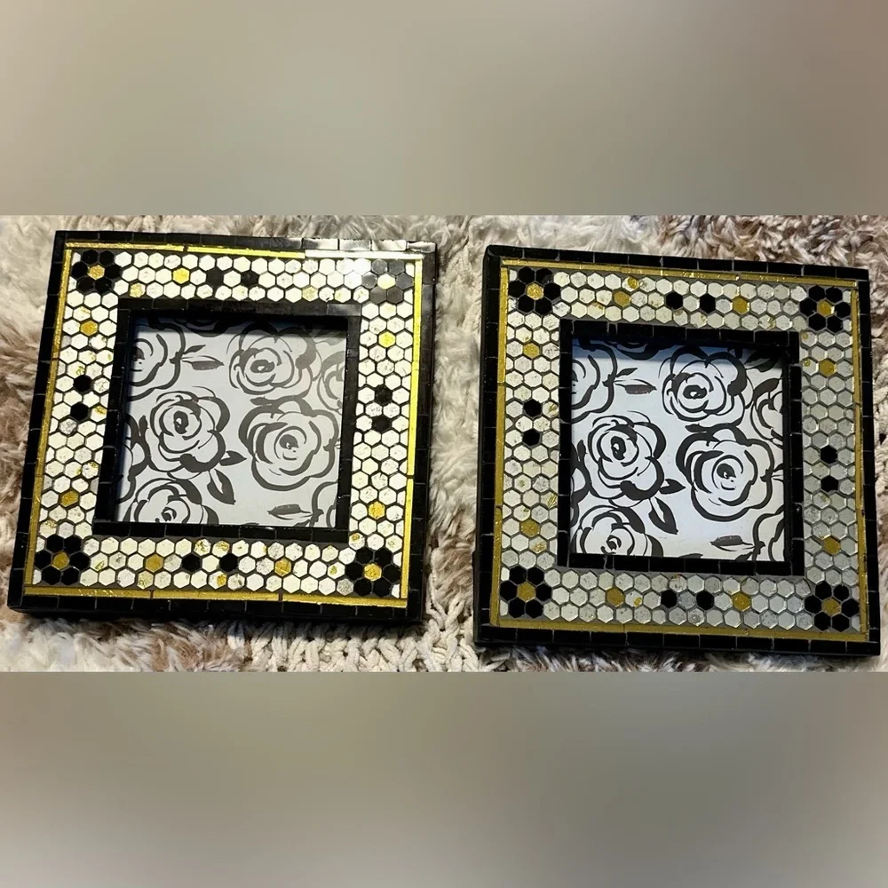 Anthropologie Mosaic Tile 4x4 Picture Frames — Set of 2, Black/White/Gold, NWT